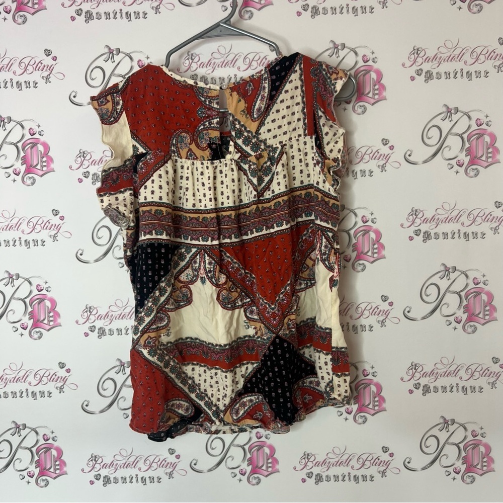Mandee shirt tank top boho paisley ruffle sleeve Multicolor Patchwork Blouse - Picture 3 of 6